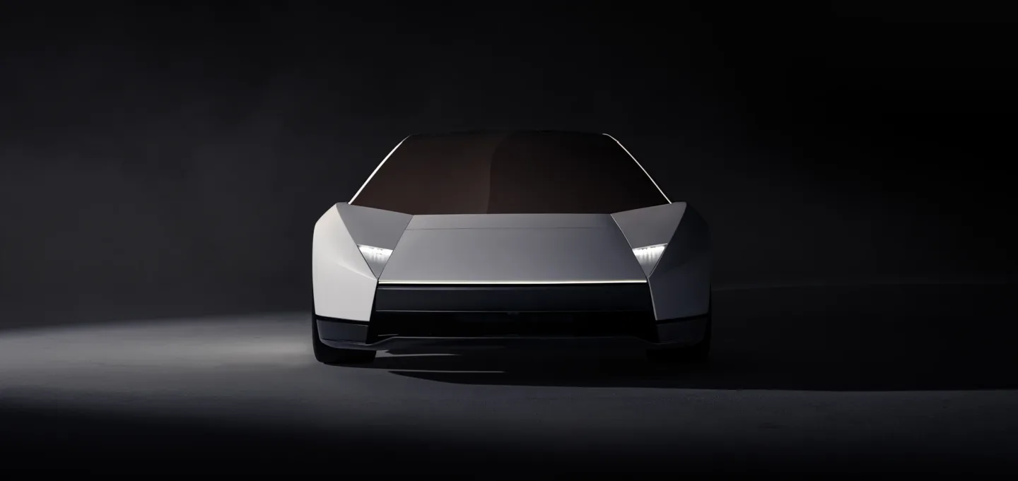 Koyu bir stüdyo ortamında önden görünen gümüş renkli Tesla Roadster. · arşiv görseli