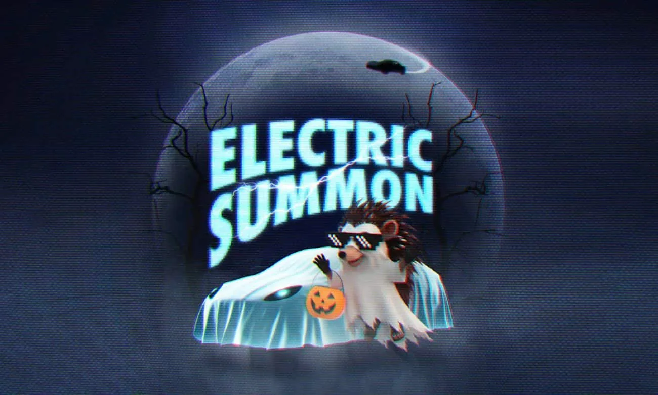 Karanlık arka plan üzerinde “Electric Summon” yazısı ve hayalet kostümlü bir figürün yer aldığı Halloween temalı görsel.