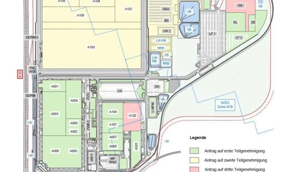 Giga Berlin fabrikasının bölümlerini ve başvuru alanlarını gösteren tesis yerleşim planı.