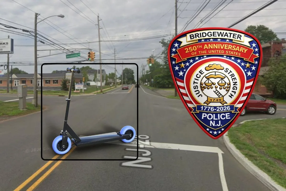 Bridgewater’daki bir kavşağın üzerinde e-scooter görseli ve Bridgewater Polis Departmanı arması yer alıyor.