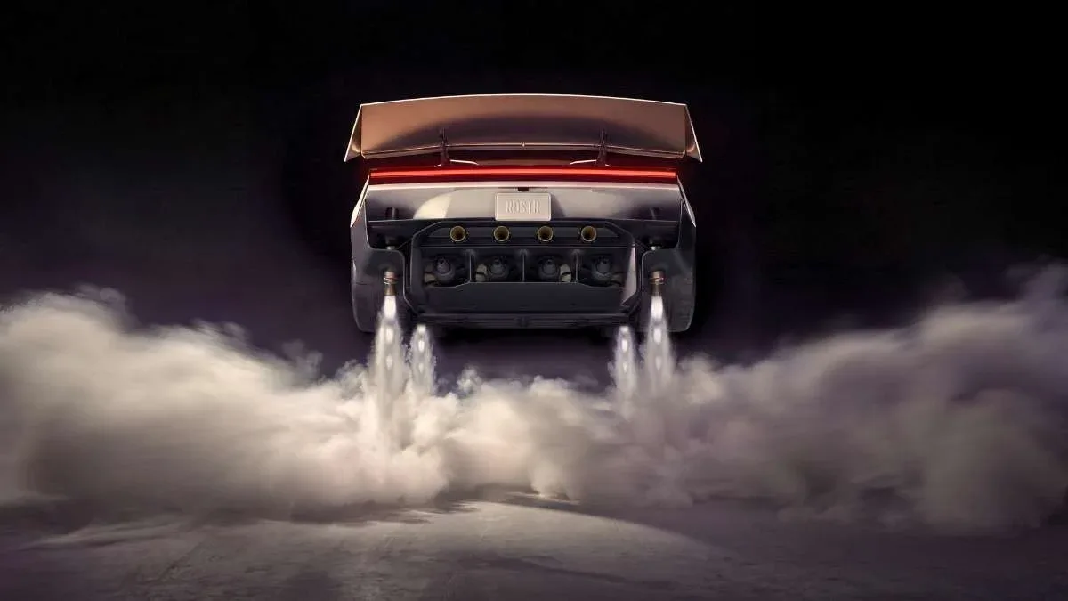 Tesla Roadster’ın arka kısmından yere doğru itki veren jetler görülüyor.