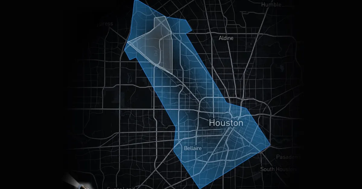 Houston haritası üzerinde mavi renkle gösterilen Robotaxi hizmet alanı.