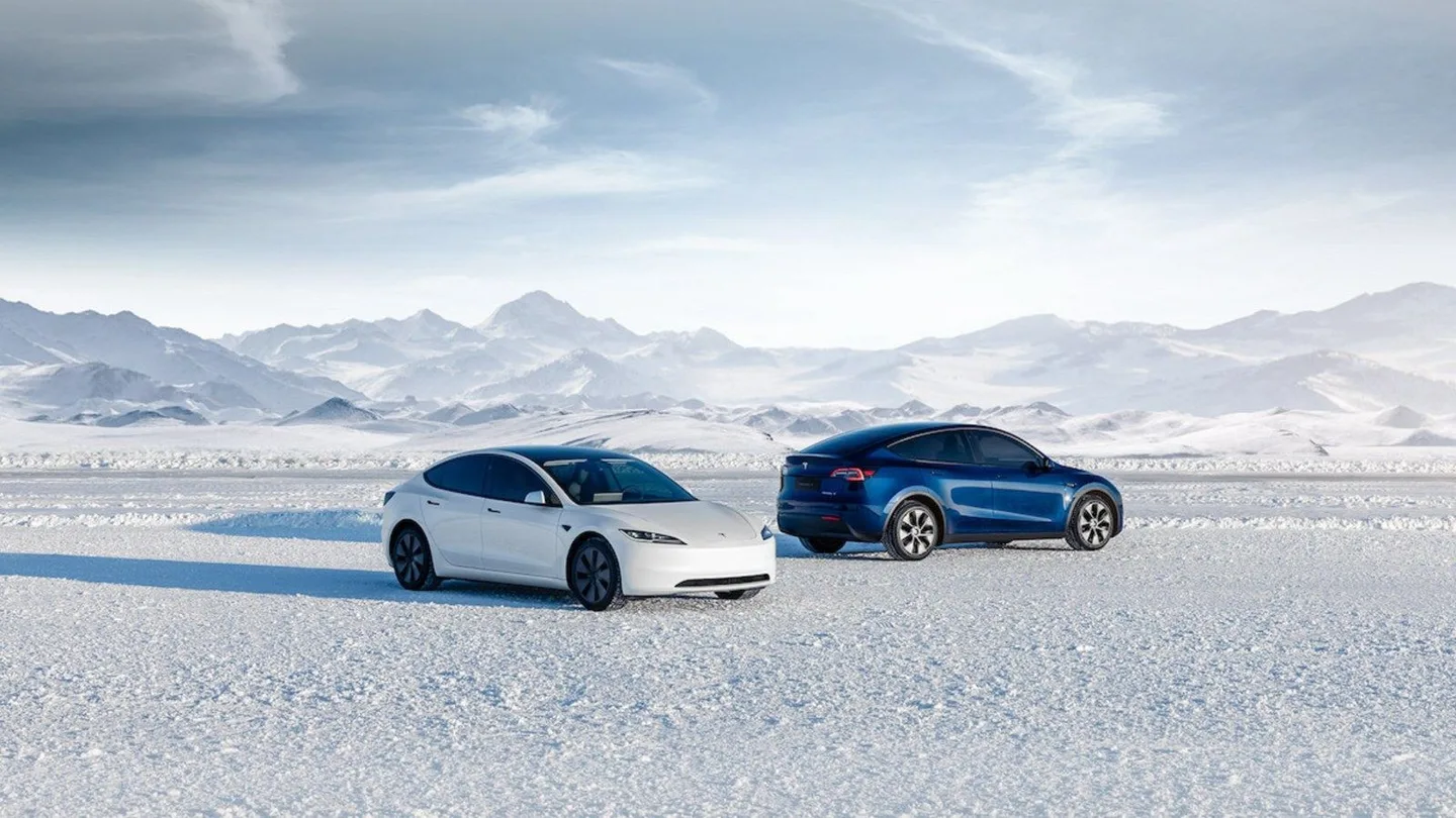 Karlı ve dağlık bir arazide duran beyaz ve mavi Tesla araçları.
