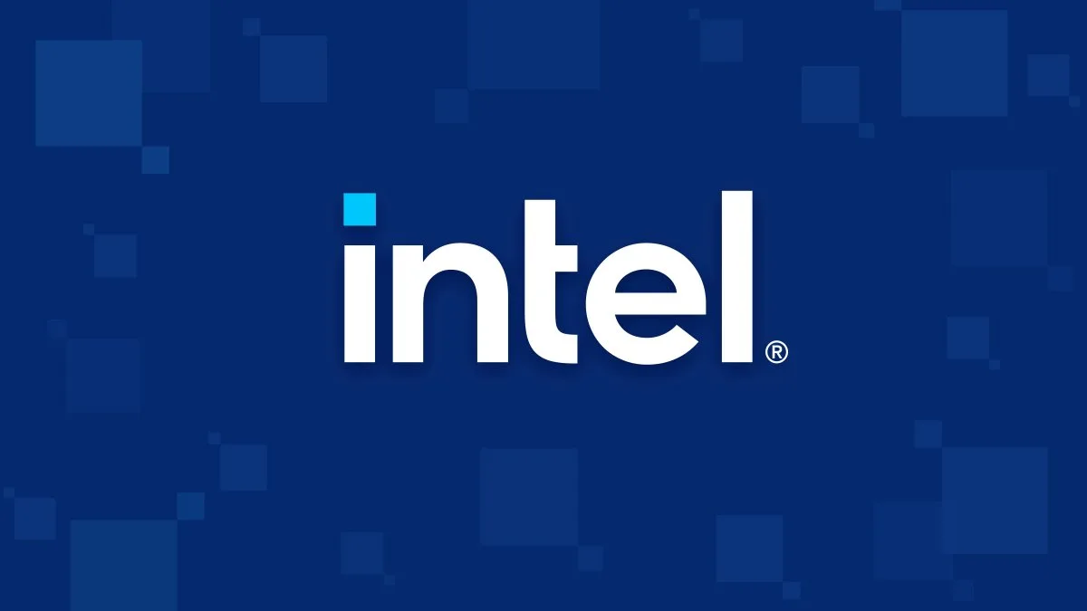 Mavi bir arka plan üzerinde beyaz Intel yazısı ve logosu.