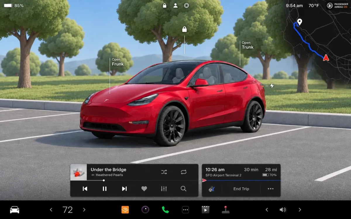 Ekranda ağaçlı bir çevrede kırmızı Tesla’nın 3D araç görünümü ve park arayüzü yer alıyor.