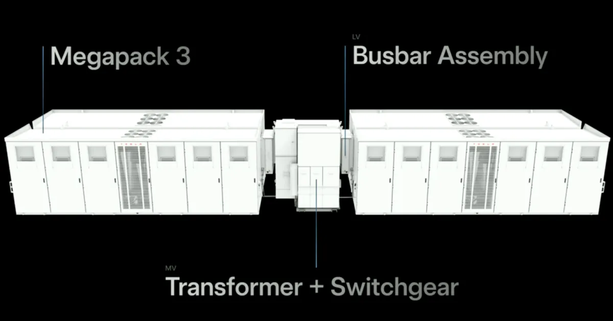 Siyah zemin üzerinde Megapack 3 üniteleri ile transformatör ve şalt ekipmanı gösteriliyor.