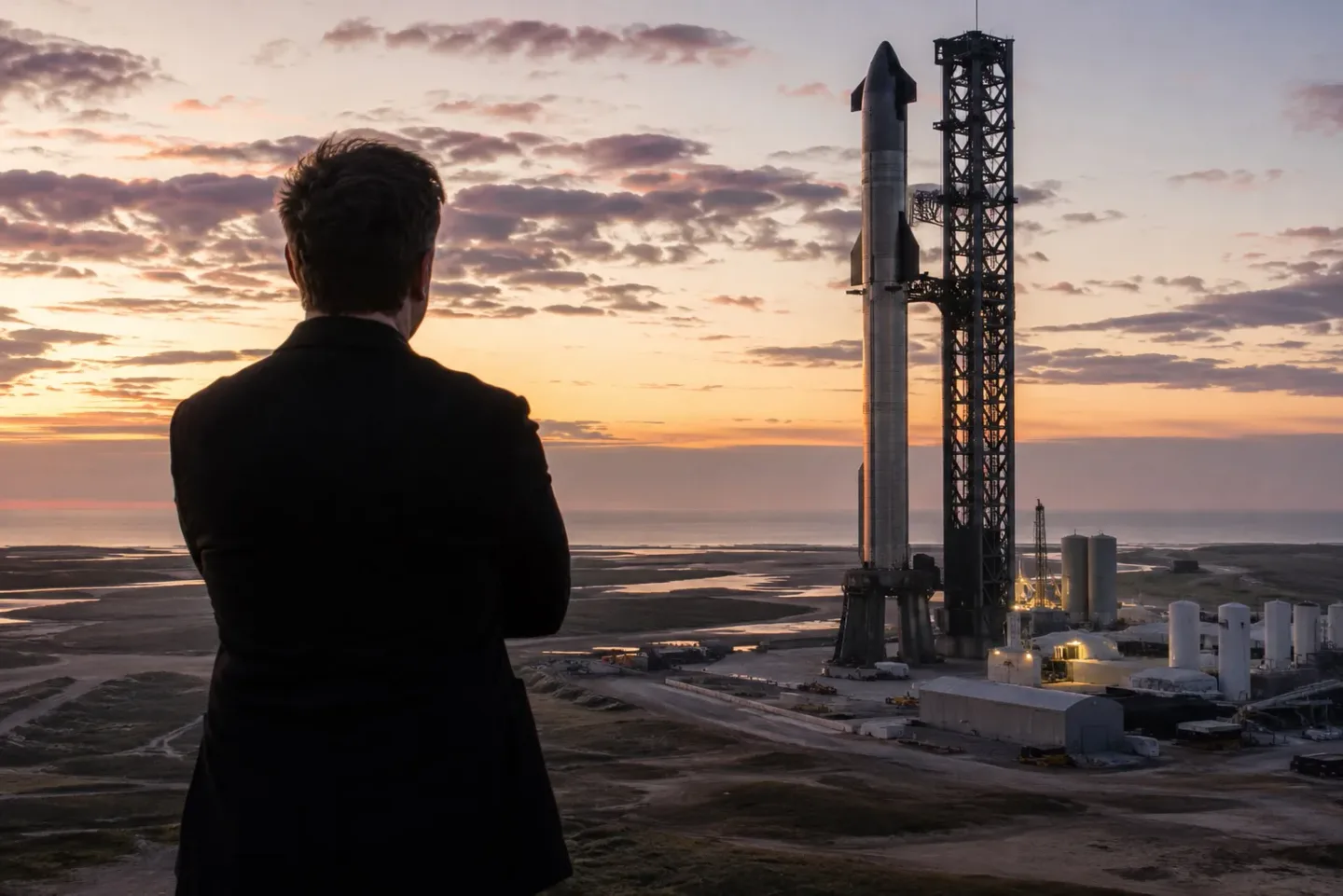 Gün batımında fırlatma kulesinin yanındaki Starship roketine bakan, arkası dönük bir kişi.