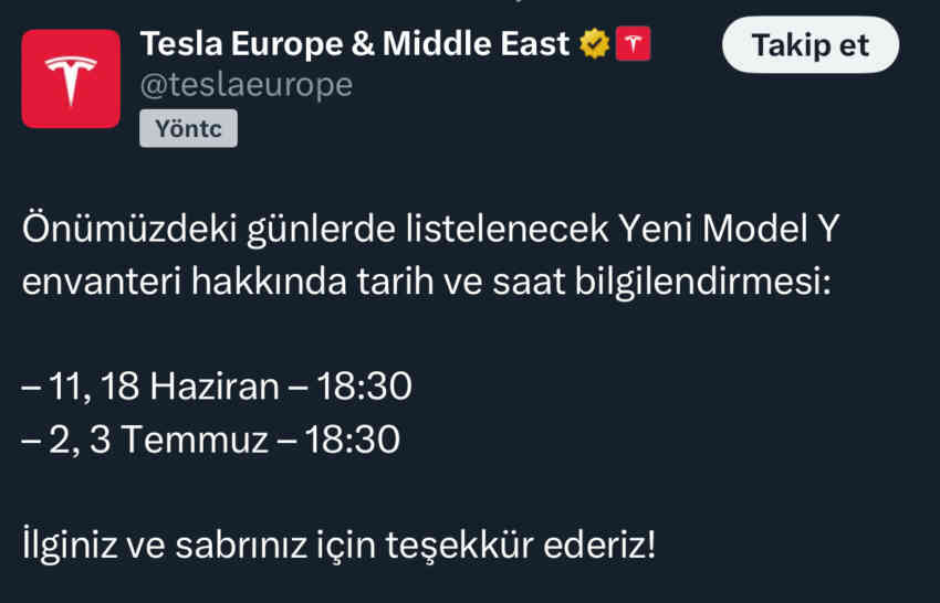 Haziran-Temmuz Model Y SR envanter takvimi açıklandı