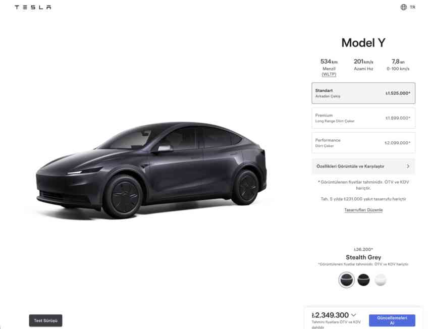 Tesla Model Y Standart özellikleri, opsiyonlar ve ilk envanter tarihi